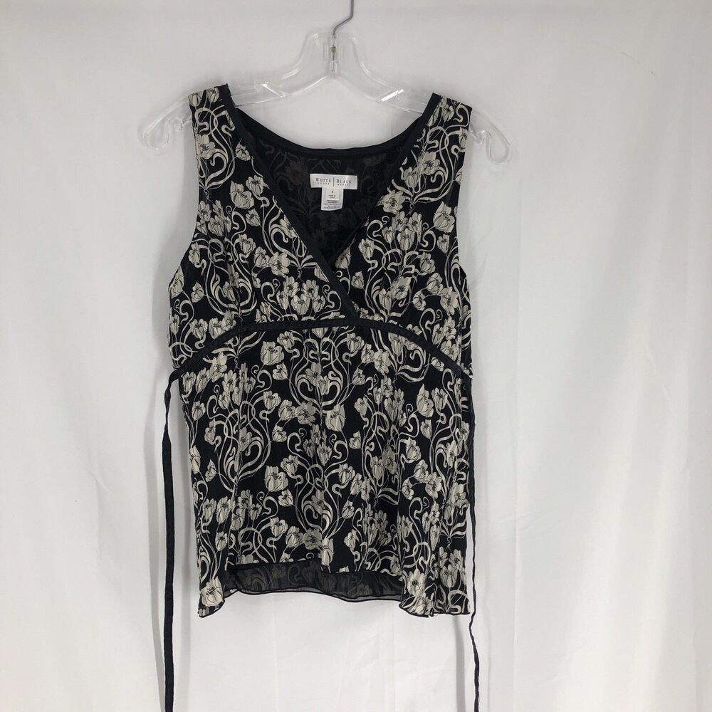 WHBM Women's Small Black & Ivory Floral V-Neck Sleeveless Tie Blouse